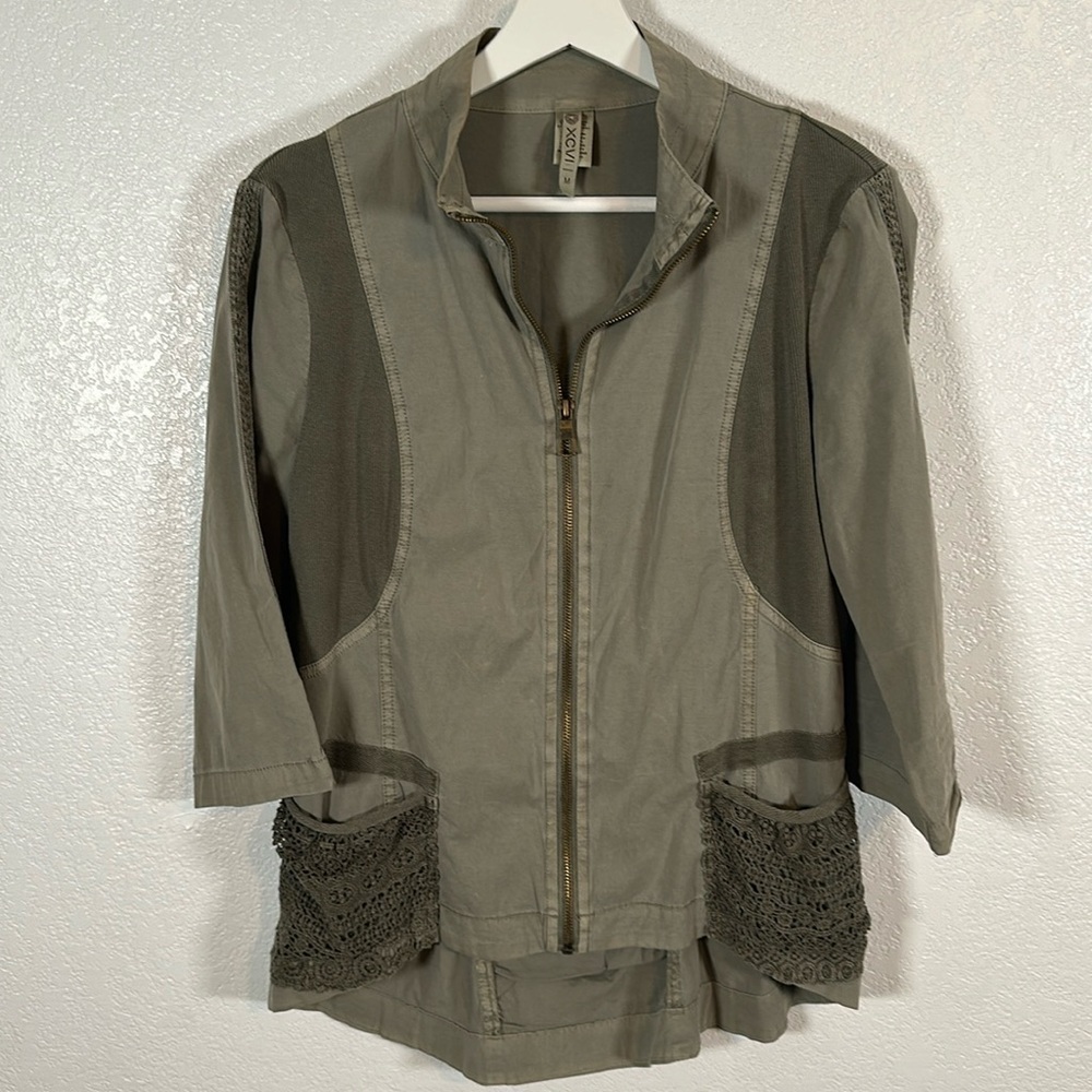 XCVI Army Green Boho 3/4 Sleeve Zip Front Lightweight Jacket Size Medium